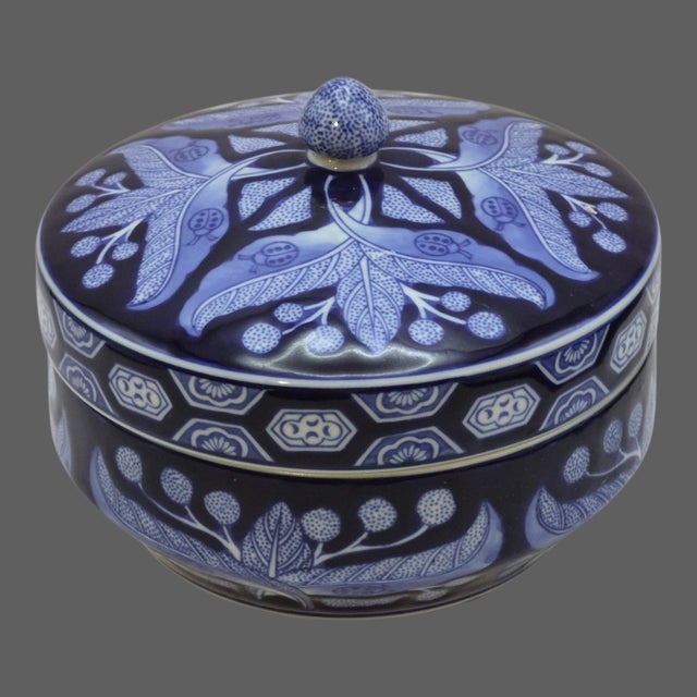 Contemporary Decorative Chris Madden Ladybugs Blue & White Leaf Floral Lidded Porcelain Jar For Sale - Image 3 of 8
