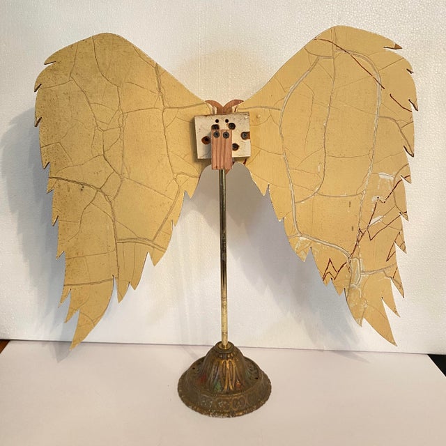 Antique White Carved Wood Angel Wings With a Heart on Lamp Base Stand Art Made by Folk Artist For Sale - Image 8 of 8