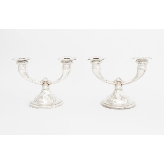 Pair of British Art Deco Silver Plate Candelabras, each with two branches on circular base and struck with marks "J" a...
