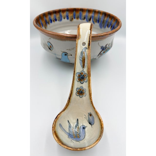 1950s Folk-Art Ken Edwards Palomar Tonala Pottery Hand Painted Punch Bowl W/Ladle For Sale - Image 17 of 17