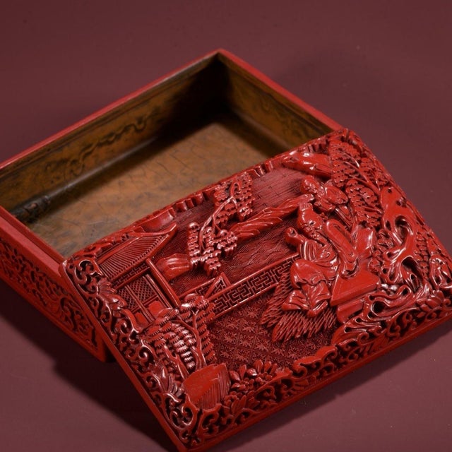 Paint Vintage Chinese Cinnabar Lacquer Rectangular Lidded Box With Figural Carving For Sale - Image 7 of 9