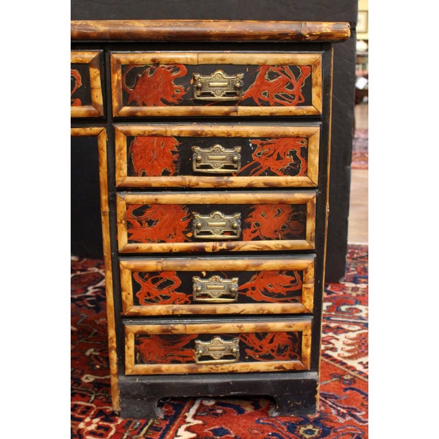 English C. 1880s Bamboo and Faux Lacquer Double Pedestal Desk For Sale - Image 4 of 8