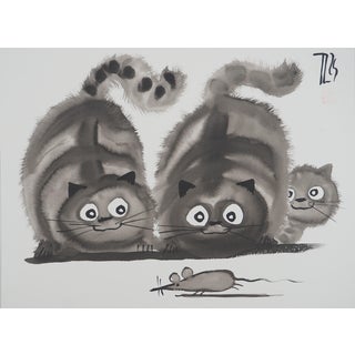 Laszlo Tibay, Pair of Cats Hunting and Their Kitten, Original Ink Drawing For Sale
