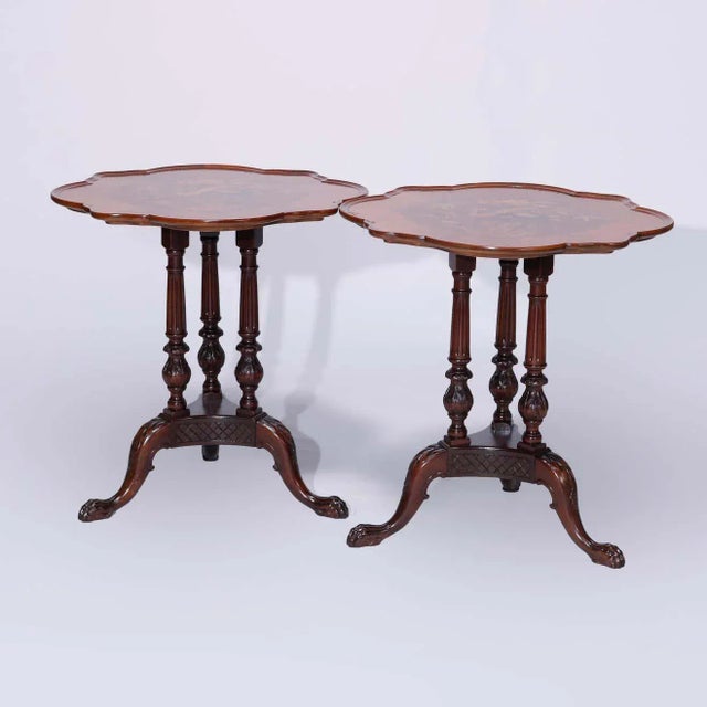 Early 20th Century Heron Satinwood Marquetry Scalloped Triple Pedestal Side Tables - a Pair For Sale - Image 11 of 13