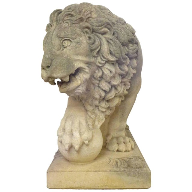 Beige Italian Life-Sized Carved Limestone Lion Statues - a Pair For Sale - Image 8 of 11