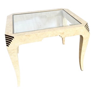 Postmodern Tessellated Stone and Brass Glass Top Side Table For Sale