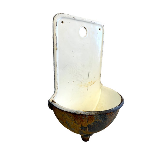 Metal Antique French Enamel and Cast Iron Lavabo Wall Sink Planter For Sale - Image 7 of 8