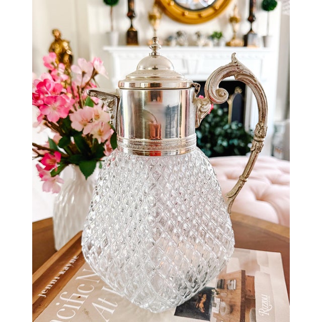 Vintage Continental Silver-Plated & Diamond Cut Glass Pitcher For Sale - Image 9 of 9
