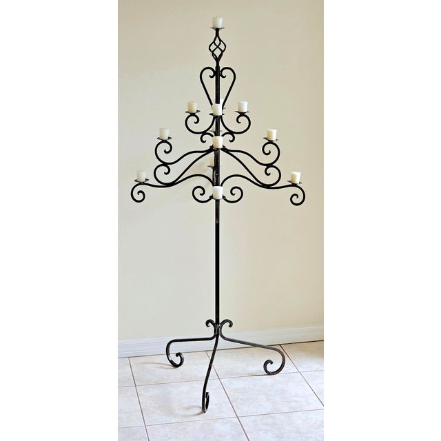 Spanish Monumental 13-Light Mexican Hand-Forged Wrought Iron Floor Candelabra – Spanish Colonial Hacienda Style, 65” Tall For Sale - Image 3 of 18