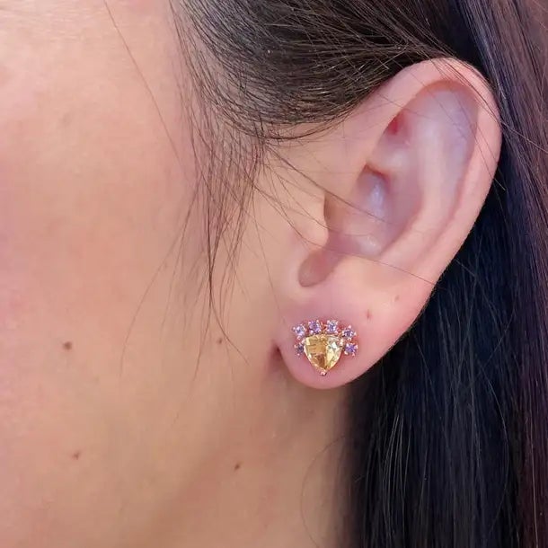 Bochic “Orient” Lemon Topaz Trillions & Amethyst Earrings Set 18K Gold & Silver For Sale - Image 4 of 12