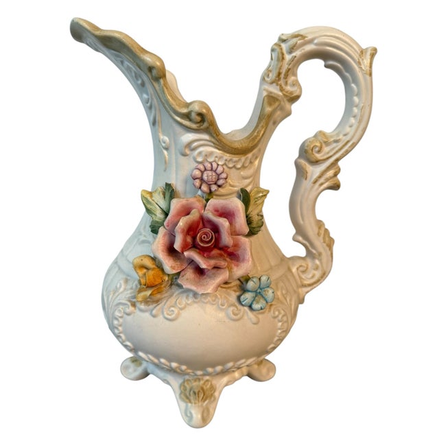 Rococo Vintage Capodimonte Floral Ewer Pitcher, Made in Italy, Gilt & Applied Flowers For Sale - Image 3 of 5