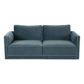 Willow Misty Blue with Pale Blue Piping Modular Performance Velvet Loveseat For Sale