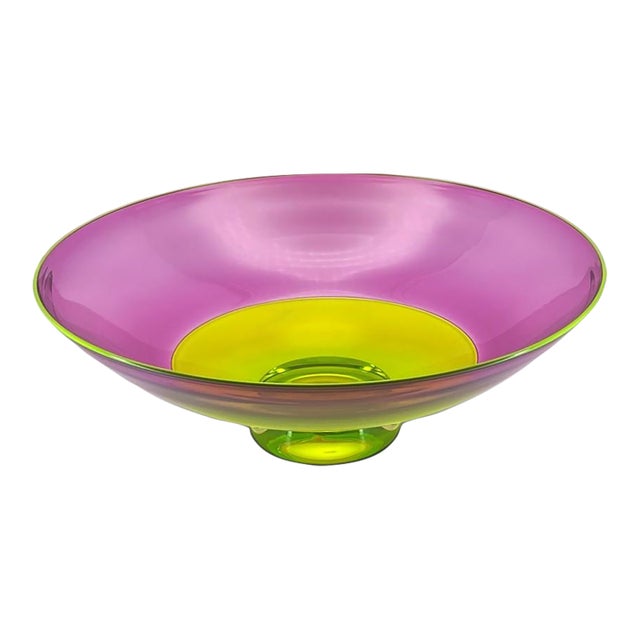 Nicholas Kekic Signed 15-Inch Two-Color Incalmo Bowl (Hyacinth and Lime With Clear Base) Large Centerpiece Bowl For Sale
