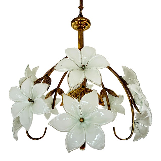 Pair match refined vintage chandelier featuring handcrafted Murano Style glass daisy flowers, arranged in a delicate...