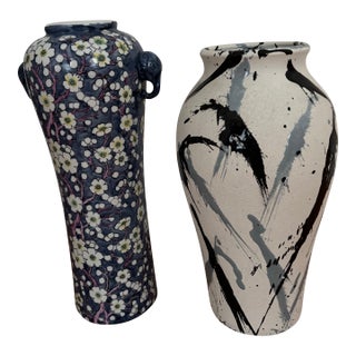 Eclectic Asymmetric Vase Pair – 1980s Harris Potteries & Chinoiserie Prunus Porcelain For Sale