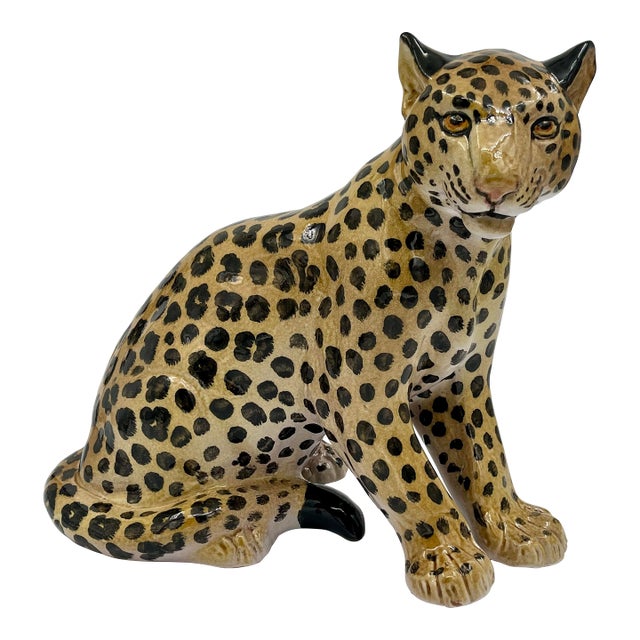 Mid 20th Century Hollywood Regency Glazed Terracotta Italian Leopard or Cheetah Statue Figurine Sitting For Sale
