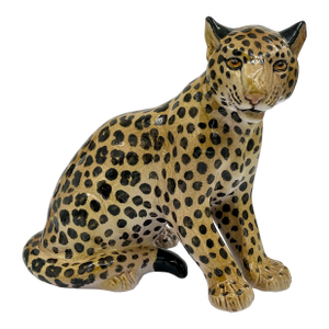 Mid 20th Century Hollywood Regency Glazed Terracotta Italian Leopard or Cheetah Statue Figurine Sitting