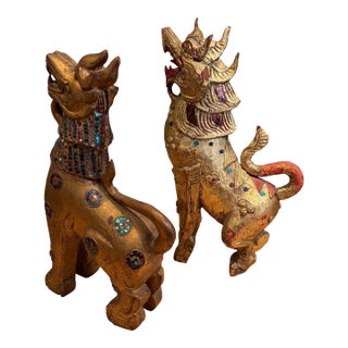 Mid-20th Century Gilt Wooden Fu Dog Sculptures For Sale