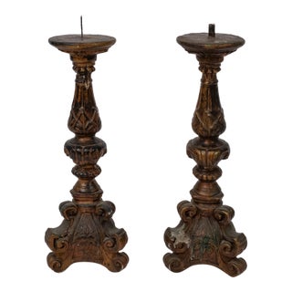 Antique Inspired Ornate Cast Composite Candlestick Pair With Venetian Gold Finish For Sale