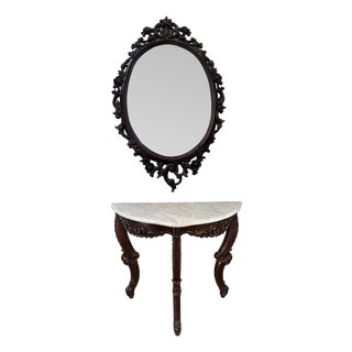 1970s Dark Wooden Oval Mirror and Console Table With Marble Top Pair For Sale
