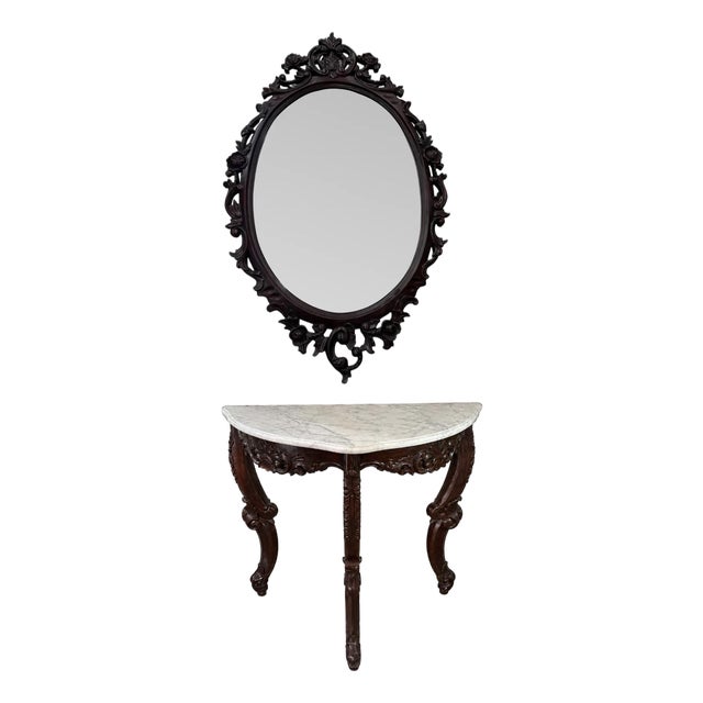 1970s Dark Wooden Oval Mirror and Console Table With Marble Top Pair For Sale