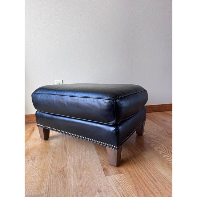 Lee Industries Custom Colonnade Blue Leather Ottoman With Nailhead Trim For Sale - Image 9 of 9