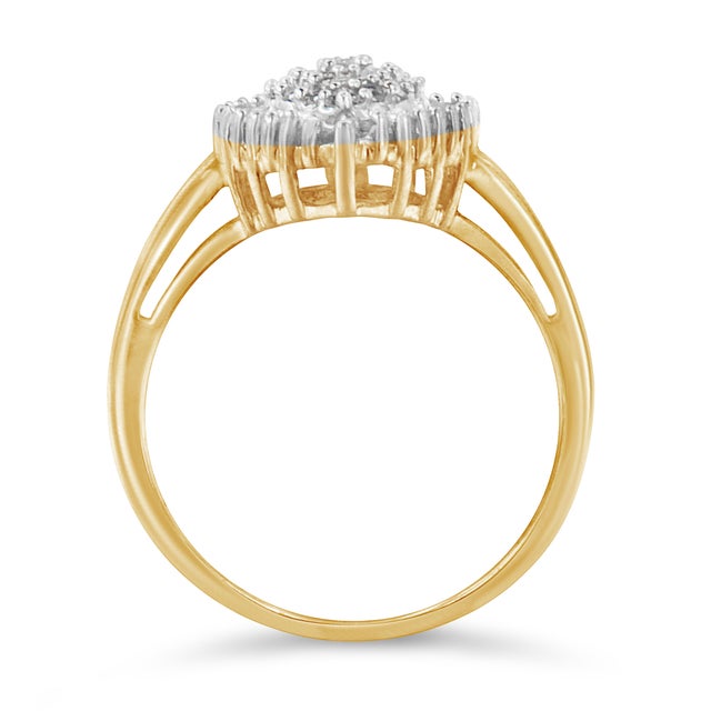 Early 21st Century 10K Yellow Gold 1/2 Cttw Round & Baguette Cut Diamond Pear Shaped Domed Pav�� Cluster with Halo Cocktail Ring (J-K Color, I1-I2 Clarity) - Size 7 For Sale - Image 5 of 7