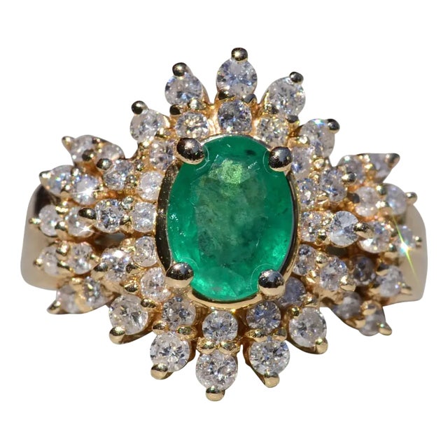 The Giron: Ladies 14K Emerald and Diamond Cluster Ring For Sale