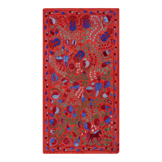 Red Uzbek Suzani Embroidered Wall Hanging – Pomegranate, Bird & Horse Boho Textile 3'4'' X 6'2'' For Sale