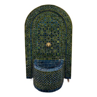 2 Color Tamegroute Green and Petrol Blue Arched Moroccan Mosaic Tile Fountain For Sale