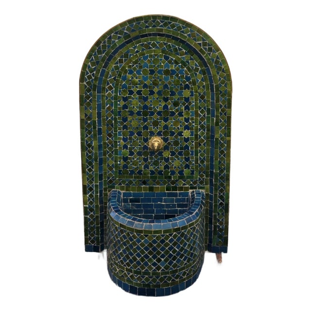 2 Color Tamegroute Green and Petrol Blue Arched Moroccan Mosaic Tile Fountain For Sale