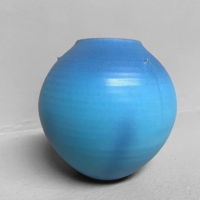 Sky-Blue Kōchi Glaze Ikebana Vase, 1980s For Sale - Image 9 of 13