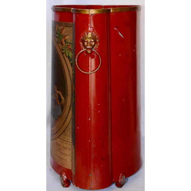 Midcentury Red Footed Tole Tin Waste Basket With Decoupage Print For Sale - Image 10 of 13