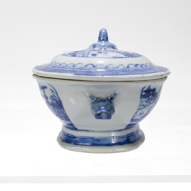 Antique Blue & White Canton Chinese Export Porcelain Miniature Sauce Tureen For Sale - Image 4 of 16