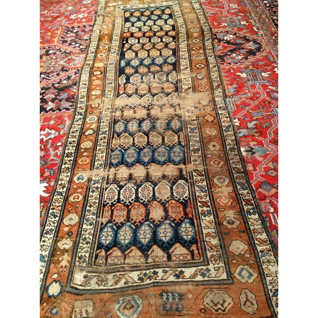 Navy Blue Vintage Persian Kurdish Runner Rug, Hand-Knotted Wool, All-Over Paisley Pattern, Blue & Green, 4x10 For Sale - Image 8 of 9