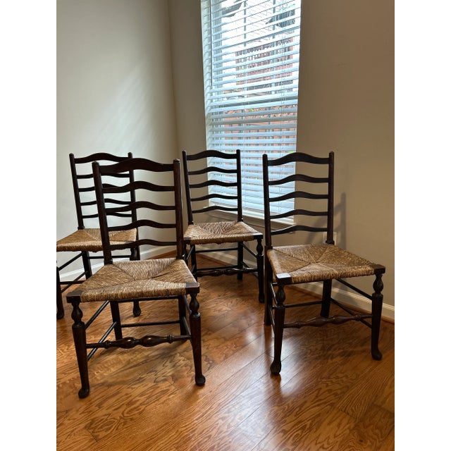 Antique , Late 19th Century, English Ladder Back Chairs With Original Rush Seats. Set of 4 For Sale - Image 4 of 14
