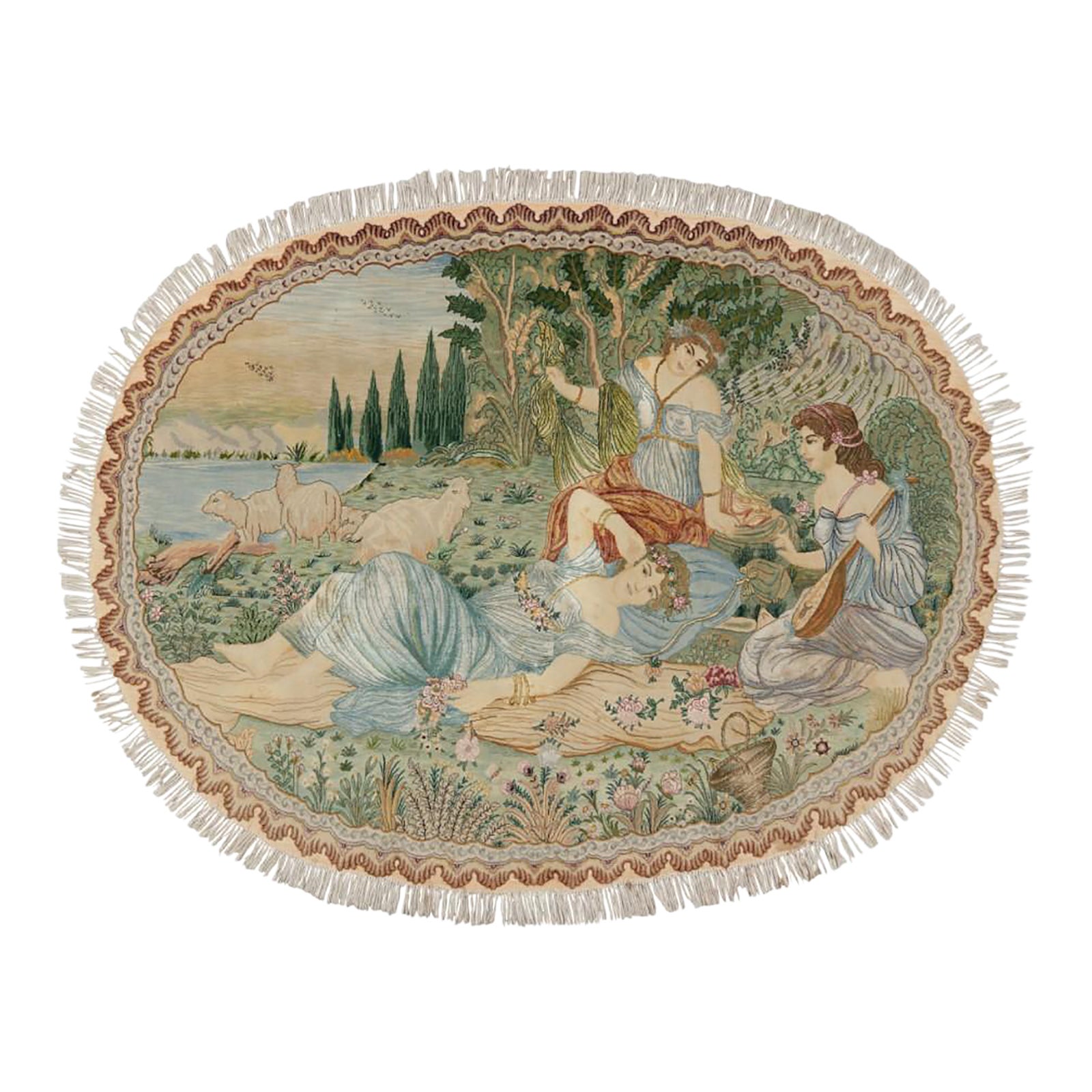 Vintage Persian Tabriz Oval Rug With Human and Landscape Pictorial ...