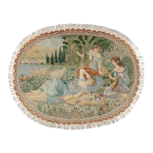 Vintage Persian Tabriz Oval Rug With Human and Landscape Pictorial - Rug & Kilim For Sale