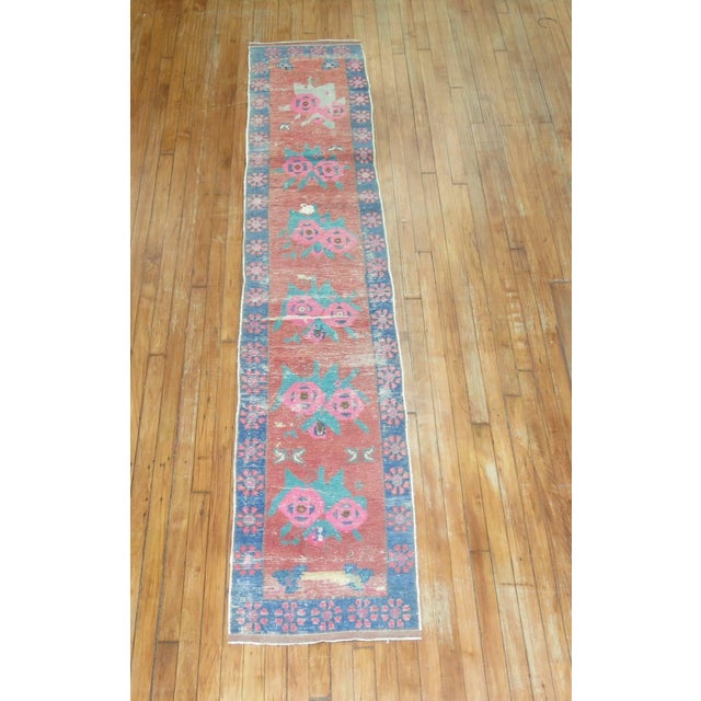 Red Zabihi Collection 1965 Turkish Floral Narrow Runner - 1'9" x 9'1" For Sale - Image 8 of 8
