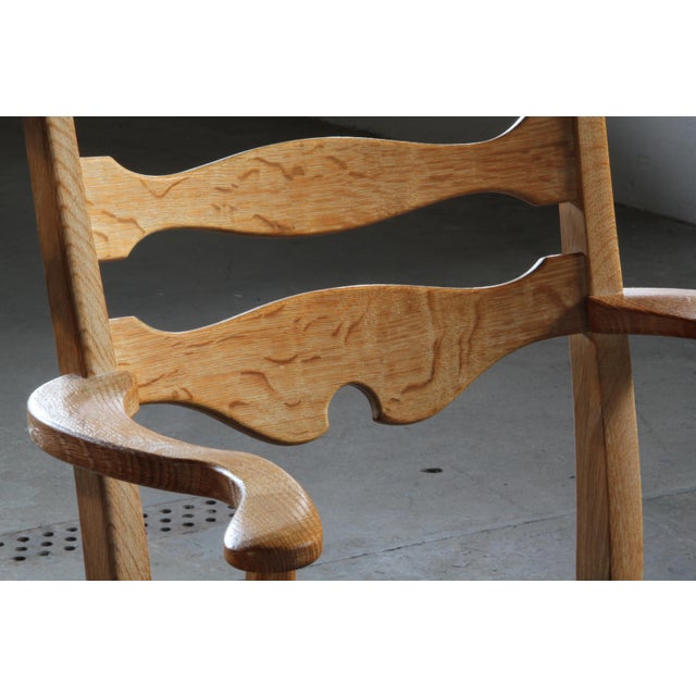 Vintage Brutalist Oak Razorblade Red Striped Armchair attributed to H. Kjærnulf, 1960s For Sale - Image 10 of 18