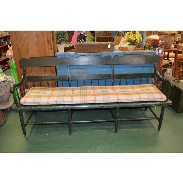 1960s Shabby Green Wood Long Deacon's Bench With Arms & Custom Cushion
