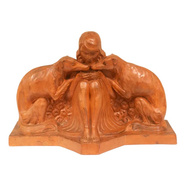 Armand Godard, Art Deco Youth with Greyhounds, 1930, Terracotta For Sale