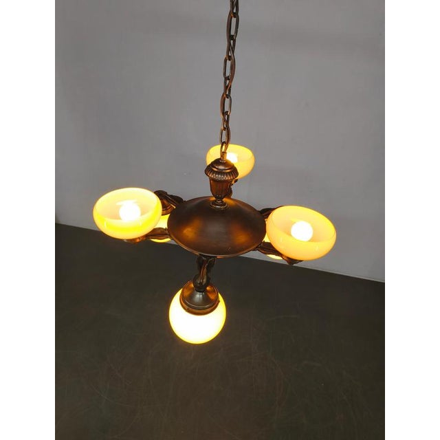1920s Art Deco Czech Brass Chandelier with Cream Glass, 1920s For Sale - Image 5 of 14
