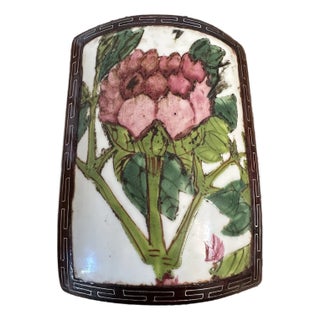 Vintage Arched Chinoiserie Pottery in Wood Box Featuring Lotus Flower & Foliage For Sale
