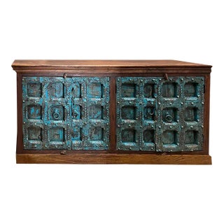 Antique Sideboard Blue Doors Handcarved Long Bar Credenza Rustic Buffet For Sale