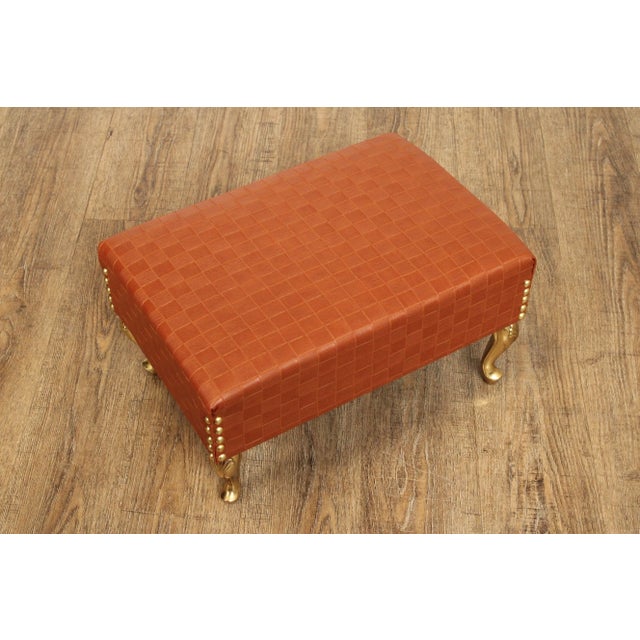 Hollywood Regency Italian Hollywood Regency Pair of Brass and Leather Foot Stools For Sale - Image 3 of 12