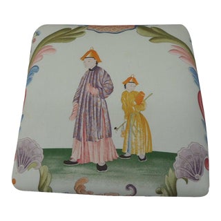Chinoiserie Printed Textile Square Ottoman For Sale