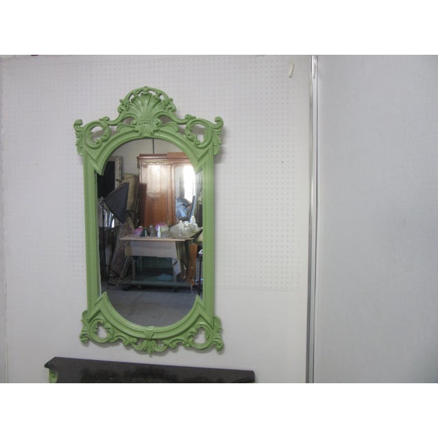 Hollywood Regency 1990s Mid-Century Hand Painted Apple Green Italian Console With Mirror - 2 Pieces For Sale - Image 3 of 8