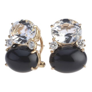 Christina Addison Large Gum Drop Earrings With Rock Crystal and Cabochon Onyx and Diamonds For Sale