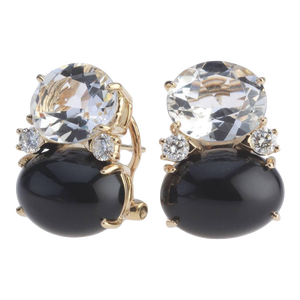 Christina Addison Large Gum Drop Earrings With Rock Crystal and Cabochon Onyx and Diamonds